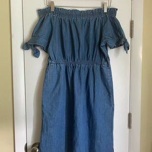 J. Crew Denim Off The Shoulder Midi Dress With Pockets!